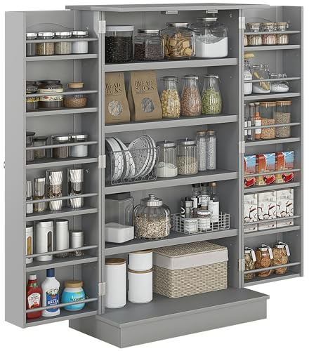HOMCOM Armoire de Cuisine Garde-Manger Moderne 60 x 30 x 104 cm Gris | Buffet Cuisine Vaisselier, Meuble de Rangement, avec Placards, Étagère Réglable, 12 Porte-Épices, pour Salle à Manger, Salon