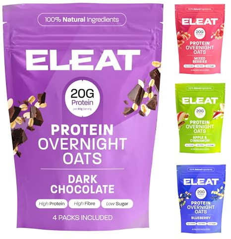 ELEAT | High Protein Overnight Oats Healthy Breakfast | Variety Pack | Apple & Cinnamon, Chocolate, Mixed Berries, Blueberry & Vanilla | Low Sugar & High Fibre Breakfast | Mixed Bundle 4 x 400g