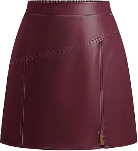 Kate Kasin Mini jupe trapèze en similicuir pour femme, taille haute, fente sur le devant, jupe crayon courte, automne hiver, fête, bureau, bordeaux, XXL