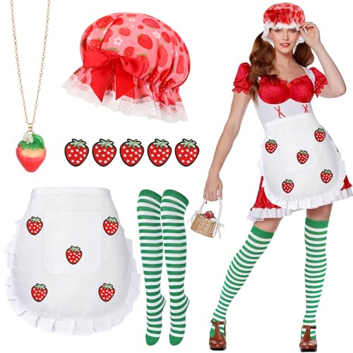 5 PCS Accesorios Halloween Disfraz Fresa Adultos Niños, Sombrero de Fresa Collar Delantal Blanco Pegatina Calcetines Altos Rayas, Disfraz de Fruta para Halloween Carnaval Fiesta Temática Cosplay