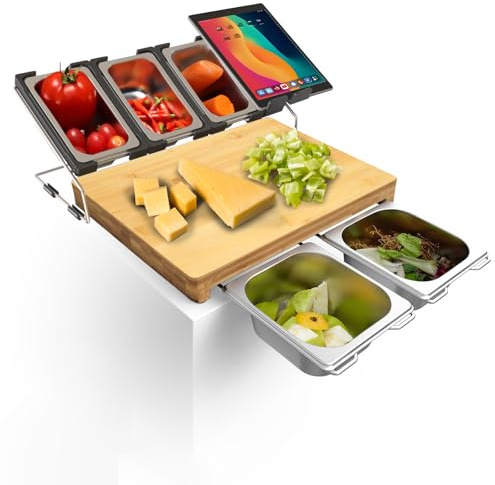 SUNUCO Schneidebrett mit auffangschale Bio-Bambus Holz, Cutting Board Extra Groß, Inklusive 5 x Stainless steel kitchen food storage box und 1 x Telefon/Tablet-Halterung(40 * 28 * 3.2cm)