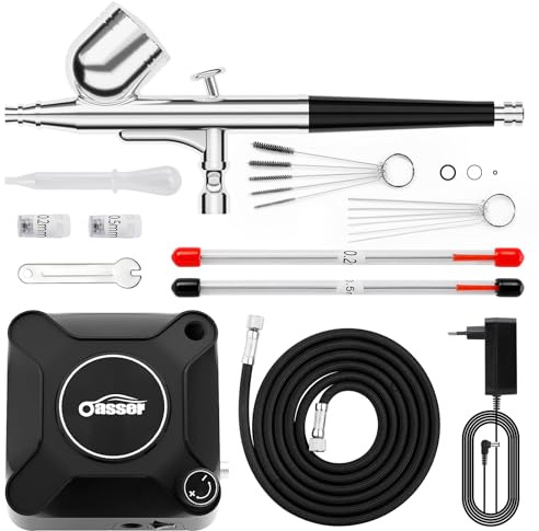 Oasser Airbrush Set 36 PSI mit Kompressor Dual Action Airbrush Pistole ideal für Modellbau Malen Nageldesign Matt Schwarz