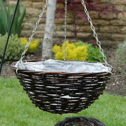 YouGarden Rattan Hanging Baskets, Set of 4 35cm Containers, For Patios and Doorways, Ready to Plant Up, Natural Woven Finish, With Chains Ready-Fitted, Lined with Polythene