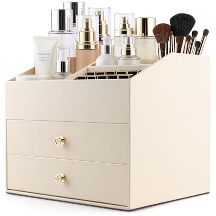 Homeanda Make-up-Organizer aus Kunstleder mit 2 Schubladen – Schreibtisch-Organizer für Kosmetik, Lippenstift, Hautpflege und Schmuck (Beige)