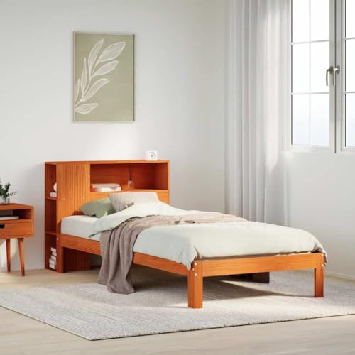 Teenpull Massiv träsäng 75 x 190 cm, vaxbrun furu sängram med integrerad hylla sänggavel, stabil plattform, möbler för sovrum, utrymmesbesparande, utan madrass