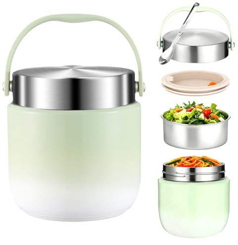 CEWROM Termosbehållare för mat 1 200 ml, termoskål med lock, varmhållningsbehållare i rostfritt stål med sked, termoskanna mat, läckagesäker sopplunch termosmugg för babygröt, gröt (grön)