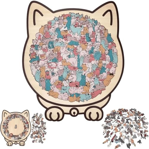 135-Piece Morandi-Colored Cat Shaped Wooden Jigsaw Puzzle, Cat Shaped Wooden Puzzle, Unique Animal Shape WoodPuzzle, CreativePuzzle Gifts for Cats Lovers, Home Decor (A)