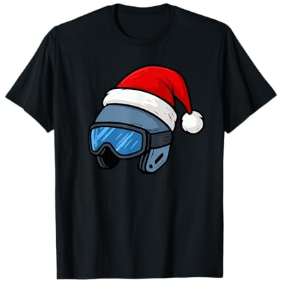 Divertente Amanti Sci Casco con Cappello di Babbo Natale Maglietta