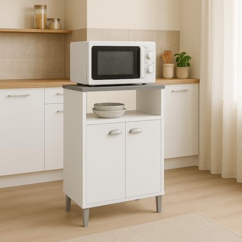 Meyvaser.com Ecommerce Company Armadio a microonde bianco con coperchio grigio grafite e 2 ante – 58 x 41 x 95 cm – Mobile ausiliario da cucina in melammina moderna