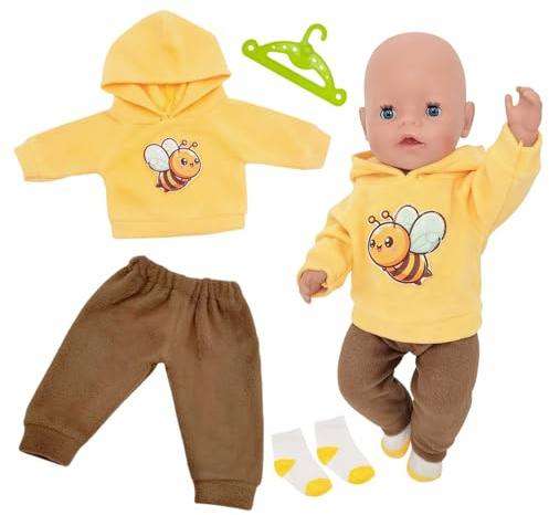 Vestiti per Bambole per New Born Baby Doll, Vestiti per bambole 35-45 cm, reborn, Felpa con cappuccio con motivo ape,Pantaloni,Calzini,Gruccia,Accessori reborn