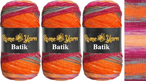 Rome Yarn Batik | 3 x 100g | Wolle mit Farbverlauf mehrfarbig Multicolor | 100% Acryl | Aran-Garn (#4 Medium) | Selbstmusterndes Farbverlaufs-Garn zum Stricken und Häkeln (5964)