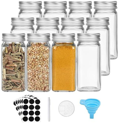 sengcengs Uppsättning med 12 kryddburkar, kryddburkar av glas, kryddorganisatör, med etiketter, ströinsats och tratt, platsbesparande kryddbehållare glas, för förvaring av peppar, kryddor