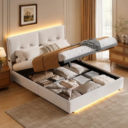 Zorvani Letto imbottito 160 x 200 cm a LED, letto matrimoniale idraulico, con spazio e rete a doghe, letto imbottito con rete a doghe, velluto, beige