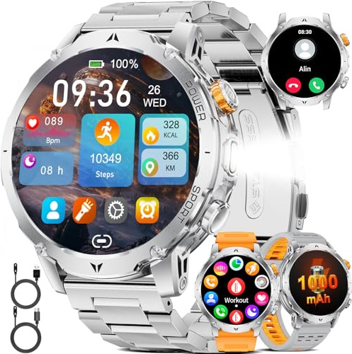 LIGE Smartwatch Herren 1000mAh Großer Akku, LED Taschenlampe Fitnessuhr mit Telefonfunktion, 1,7” Sportuhr mit 110+ Sportmodi, Herz-/Schlaftracking für iOS/Android,2 Ladegeräte,3 Armbändern,EF24-D