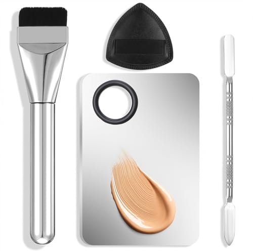 HJZHII 4 Pcs Makeup Foundation Mixing Palette Set Stainless Steel | Including Palette, Double-Ended Spatula,Makeup Puff,Brush,Professional Makeup Mixing Palette Set for Blending Cream Lip Gloss