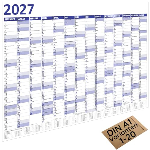 MARZEI24® Din A1 Wandkalender 84,1 cm x 59,4 cm für 2027 Kalender Planer B1 | Mengenrabatt, 14 Monate, Papier: 135 g/m², Kalenderwochen, Schulferien, Gefaltet auf Din A4, Feiertage, Jahresplaner, Termine