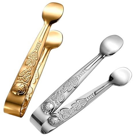 Ice Tongs, 2-Piece Rose Pattern Stainless Steel Tongs, Gold and Silver Finish, for Food Sweets Bread Cake, Handling Ice Cubes for Cocktails