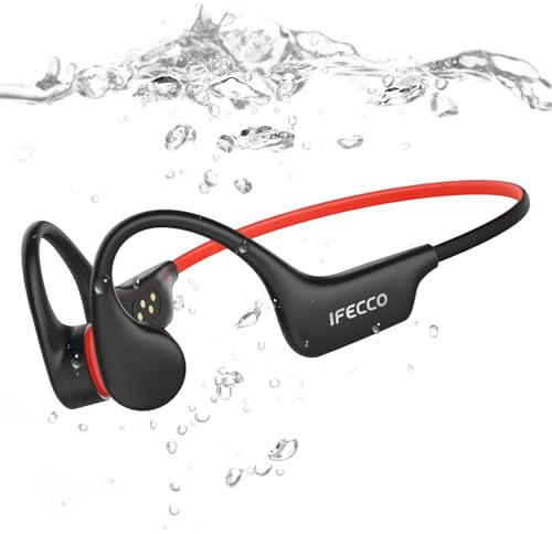 IFECCO Waterproof Headphones Swimming - IP68 Waterproof Bone Conduction Swimming Headphones Bluetooth 6.0,Underwater Earphones with 8G MP3 for Running Sports Cycling （Black-Red）