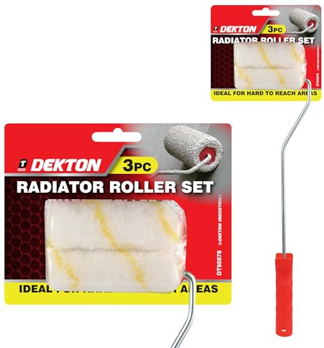 Dekton Juego de 3 rodillos para radiador, bandeja de 4 pulgadas, mango de 4 pulgadas y 3 mini recambios de rodillo (microfibra y micromezcla verde), ideal para radiadores, superficies pequeñas