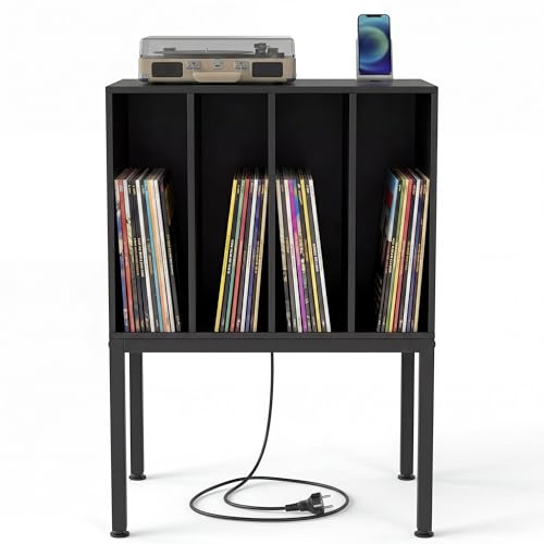 KOMFOTTEU Mueble para Tocadiscos con Estación de Carga, Estantería para Discos de Vinilo con 4 Compartimentos Abiertos y Patas de Metal, Soporte para Tocadiscos para Álbumes para Salón (Negro)