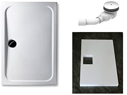 KOMPLETT-PAKET: Duschwanne 120 x 90 cm superflach 3,5 cm weiß mit GERADER STYROPOR-UNTERSEITE Acryl + Styroporträger/Wannenträger + Ablaufgarnitur chrom DN 90