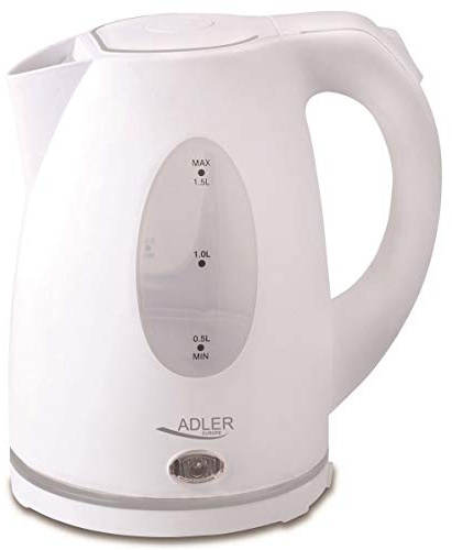 Adler AD-1207 Hervidor de Agua Eléctrico, 1,5 L, 2000W, Libre de BPA, Base Giratoria, 2000 W, 1.5 litros, 0 Decibeles, Blanco