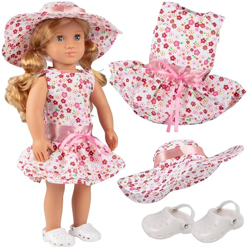 Summer Sundress Doll Outfit (3 Pc Set)- Includes Sun Dress, Hat, & Clog Sandals- Handmade, Premium Outfit & Accessories- Compatible with 18 American Girl Doll- Birthday Gift for Girls