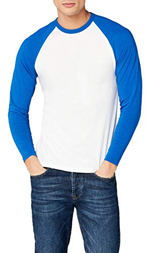 Fruit of the Loom Men's Baseball Classic Long Sleeve T-Shirt, White/Royal Blue, Large