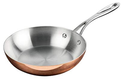 Vogue Tri Wall Copper Frying Pan 20 cm, Copper, Mirror Finish, All Hob Compatible, Induction Compatible Frying Pan, Professional & Home Chef, CM678