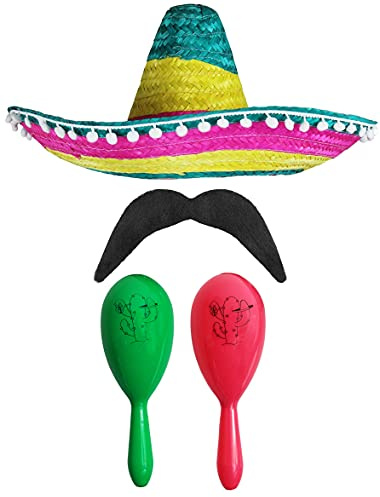 Mexikansk underbar klänning tillbehörsset – Mexikansk SOMBRERO med maracas och tash – perfekt för musikanska skönheter klänning (fullfärgade POM SOMBRERO + grön och rosa maracas)
