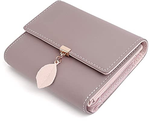 UTO Geldbörse Damen Klein mit Blatt Anhänger RFID Kleines Portemonnaie Kunstleder Druckknopf Bi-Fold Brieftasche Mini Geldbeutel Viele Fächern Feiner Portmonee Münzfach Weihnachten Neujahr Pale Mauve