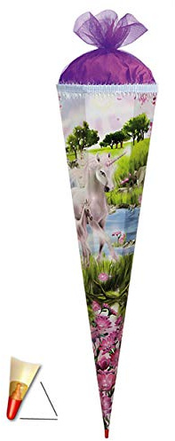 3-D Schultüte - Einhorn 85 cm 6 eckig - mit Holzspitze/Tüllabschluß und Glitzer - Zuckertüte Roth Pferd Einhörner Glitzer Glitter Borte