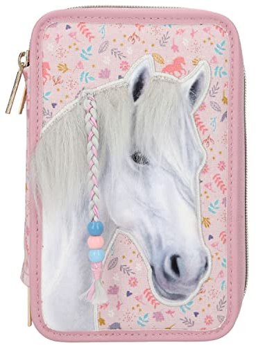 Depesche 11726 Miss Melody Summer Garden - Gefüllte 3-Fach Federtasche in Rosa mit Pferde-Aufdruck, Blumen-Muster und Pferde-Mähne, Schüler-Etui mit Filzstiften, Buntstiften, Radierer, Anspitzer uvm.