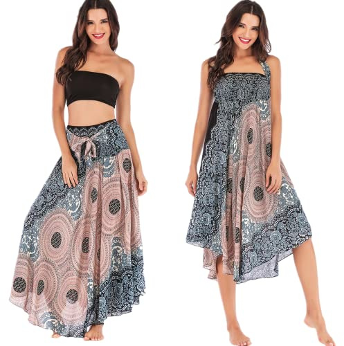 Daysskk Boho Skirts for Women Elastic Waist Womens Long Skirts Summer Bohemian Style Gypsy Hippie Skirts for Women Halter Dress Casual Beach Skirt 37