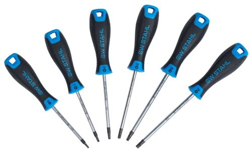 SW-Stahl 32812L T-Profil Schraubendreher Satz, TX Set Extra Lang, 6-tlg. | Chrom-Vanadium-Stahl Torx-Schraubenzieher mit ergonomischem 2-K-Griff und Aufhängeloch zur Drehmomentverstärkung