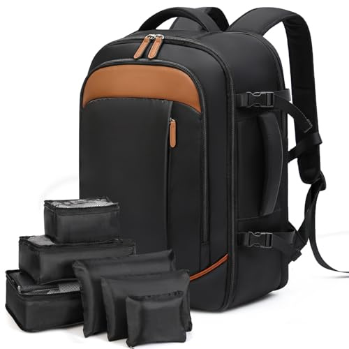 Lekespring Große Rucksack Handgepäck für Herren Damen, 17 Zoll Laptop Rucksack Reiserucksack mit 6 Teilige Kleidertaschen-Packing Cubes für Urlaub Business Arbeit, Schwarz mit PU-Leder