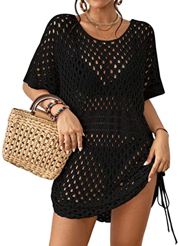 Bsubseach Vestido Crochet de Punto Calado para Mujer Traje de baño Cover Up Ropa de Playa con Cordón de Ajuste Negro