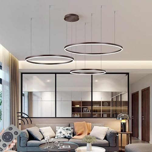 LED-Pendelleuchte Modern Dimmbar Hängeleuchte Ring Kreis Hängelampe Esstisch Pendellampe Aluminium Kronleuchter Decke Hänge Lampe Für,Kücheninsel,Wohnzimmer,Color : Braun,Größe:3 rings/100+80+60CM