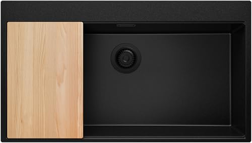 PRIMAGRAN Fregadero Cocina al Mueble 90cm + Kit de desagüe, 88x50cm | Set: Kit de desagüe (sifón, válvula, rebosadero) + Tabla de Cortar + Oslo 90 Top 1 Seno Granito, Todo Negro