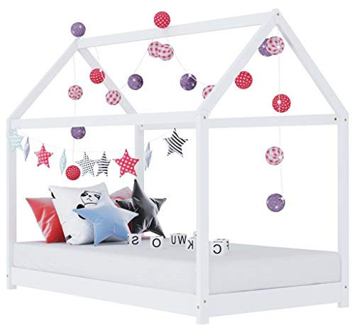 BaraSh Kinder-Bettgestell Weiß Massivholz Kiefer 70 x 140 cm Hausbett Deko Bett Kinder Kinderbett Hausbett Kinder Bodenbett