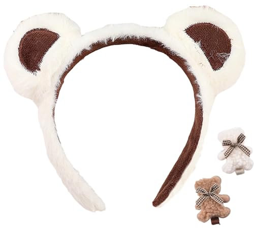 Teddybär-Ohren-Stirnband, 1/2/4 Stück flauschige braune Teddybär-Ohren, Stirnbänder für Erwachsene und Kinder, mit 2 Bären-Clips (weiß)