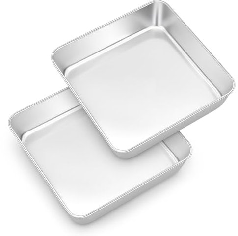 Onader Teglia quadrata per torte in acciaio inox, set da 2, 20 x 20 x 5 cm, perfetta per brownie, lasagne, torte, atossiche e lavabili in lavastoviglie