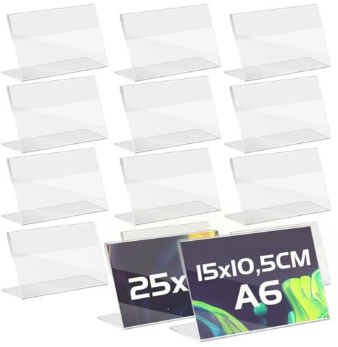 TAPKUA 25 Pezzi Espositore da Tavolo A6 a L, 15x10,5 cm Espositore Anticaduta in Plastica Trasparente, Espositore Plexiglass, Supporto Pubblicitario Poster da Banco, per Menù Carta Immagini, ecc