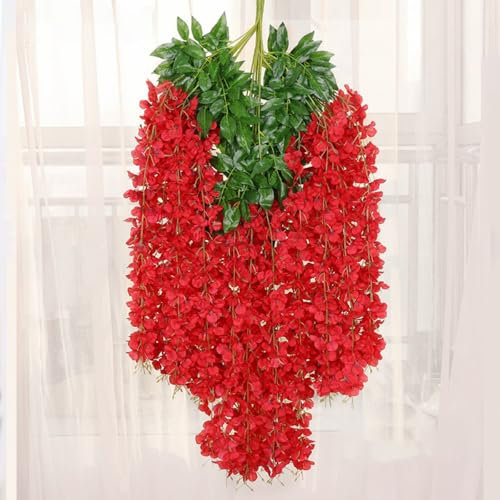 Whakano 12 Set Künstliche Glyzinien Blumen 115cm,Girlande Deko Fake Efeu,Kunstpflanze Hängend,Künstliche Pflanzen für Küche,Schaukel,Hochzeit,Garten,Haus,Party,Weihnachten Dekor,Wanddekor,Rot