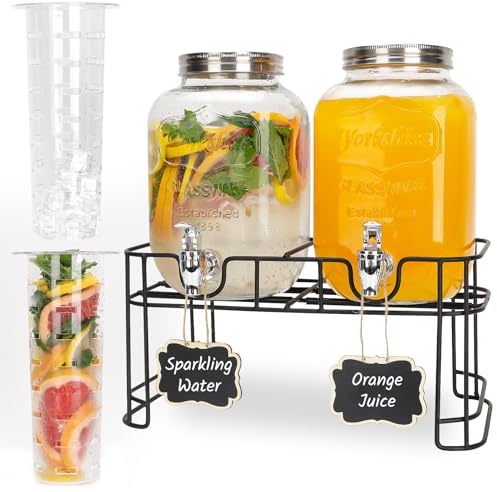 Glas-Getränkespender für Partys, 2er-PACK 1 Liter Getränkespender mit Ständer und Zapfhahn, 100 % auslaufsicher. Limonadenspender mit Eiszylinder und Kreidetafel