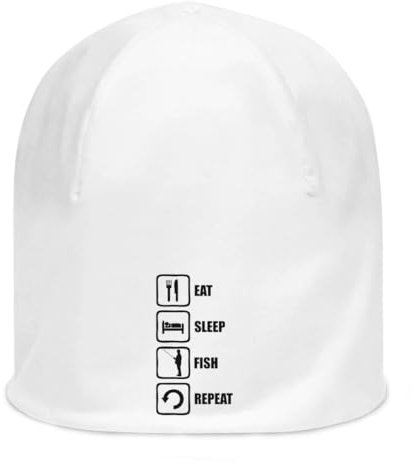 Atspauda Eat Sleep Fish Repeat Fisherman Logo Unisex dünne Baumwolle dehnbar weiß Slouch Beanie weiß, weiß, Einheitsgröße