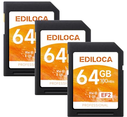Ediloca SD Card 64GB, 3Pcs, Memory Card, Up to 100MB/s, UHS-I, C10, U3, V30, Full-HD & 4K Video, DSLR Camera SD Card, Must-Have for Professional Photographers(EF2)