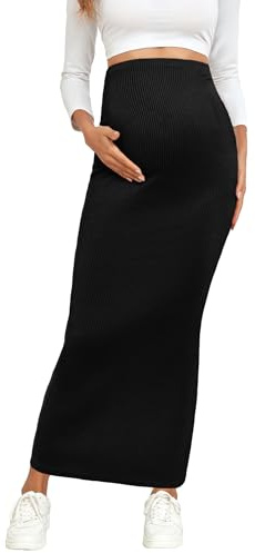 AISWI 2024 Maternity Adjustable Waist Rib Knit Maxi Skirt Over The Belly Stretchy Pregnancy Long Pencil Skirts, Black, M