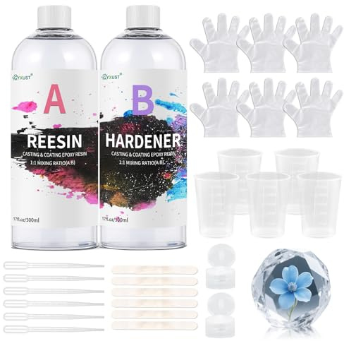 Kit de moulage de résine époxy pour débutants, 1000 ml/34 oz - Ratio 1 : 1 de résine époxy avec durcisseur, gant, verre doseur, bâtonnets en bois, pipettes, bijoux, kit de résine époxy