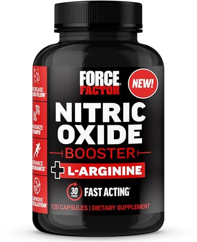 Force Factor Nitric Oxide Booster, Fast-Acting Formula with L-Arginine, Boosts Nitric Oxide Levels, Maximize Muscle Pumps, Enhance Endurance, Improve Circulation, 120 Capsules